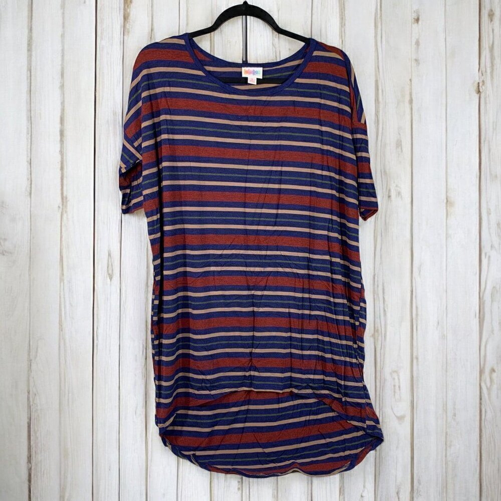 Lularoe Irma Half Sleeve Tunic Hi Low Polyester Blend Sz S Red White Blue Stripe